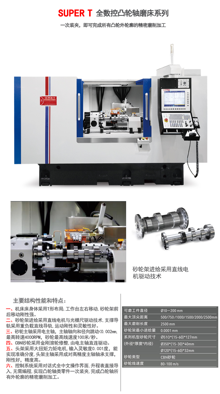 SUPER T 全數(shù)控凸輪軸磨床系列 一次裝夾，即可完成所有凸輪外輪廓的精密磨削加工