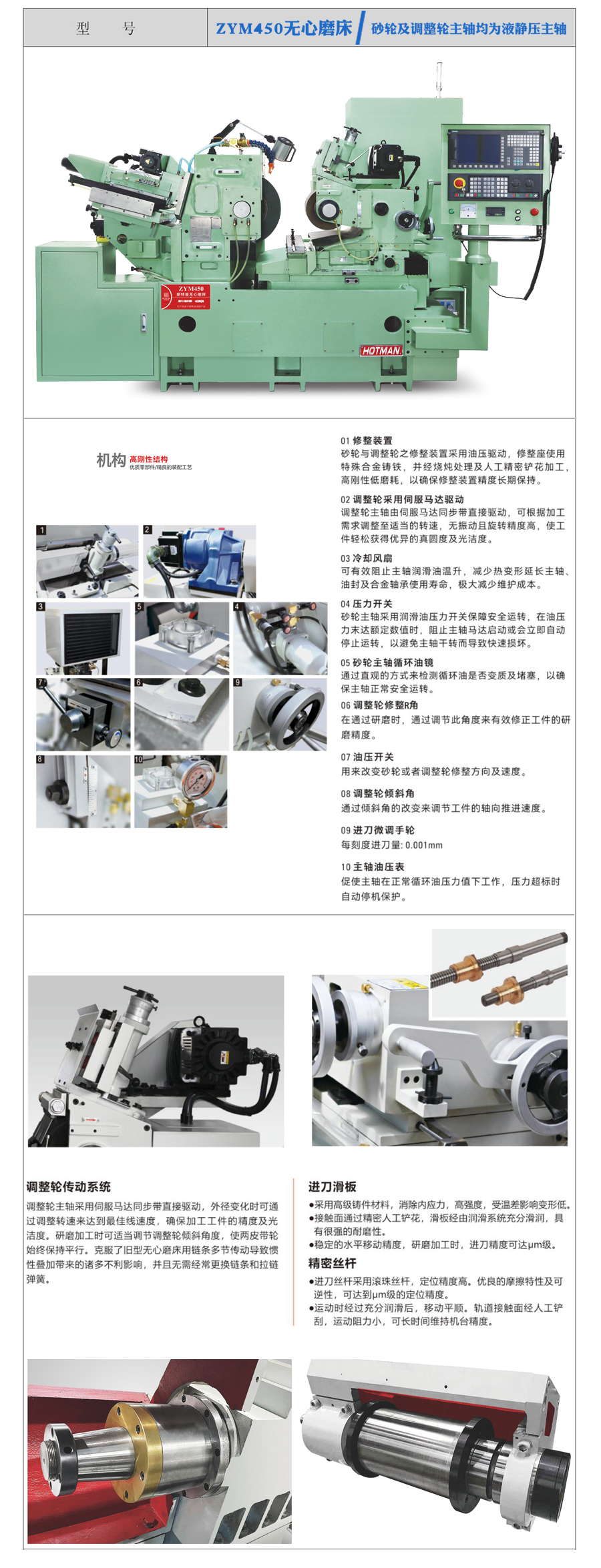 ZYM450無心磨床，砂輪及調(diào)整輪主軸均為液靜壓主軸。